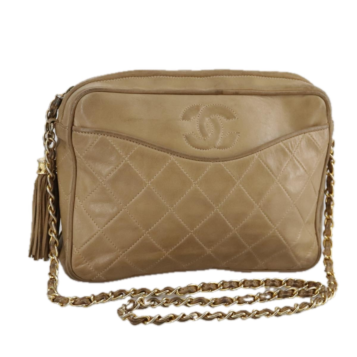 CHANEL Matelasse Chain Shoulder Bag Lamb Skin Beige Gold CC Auth 108395