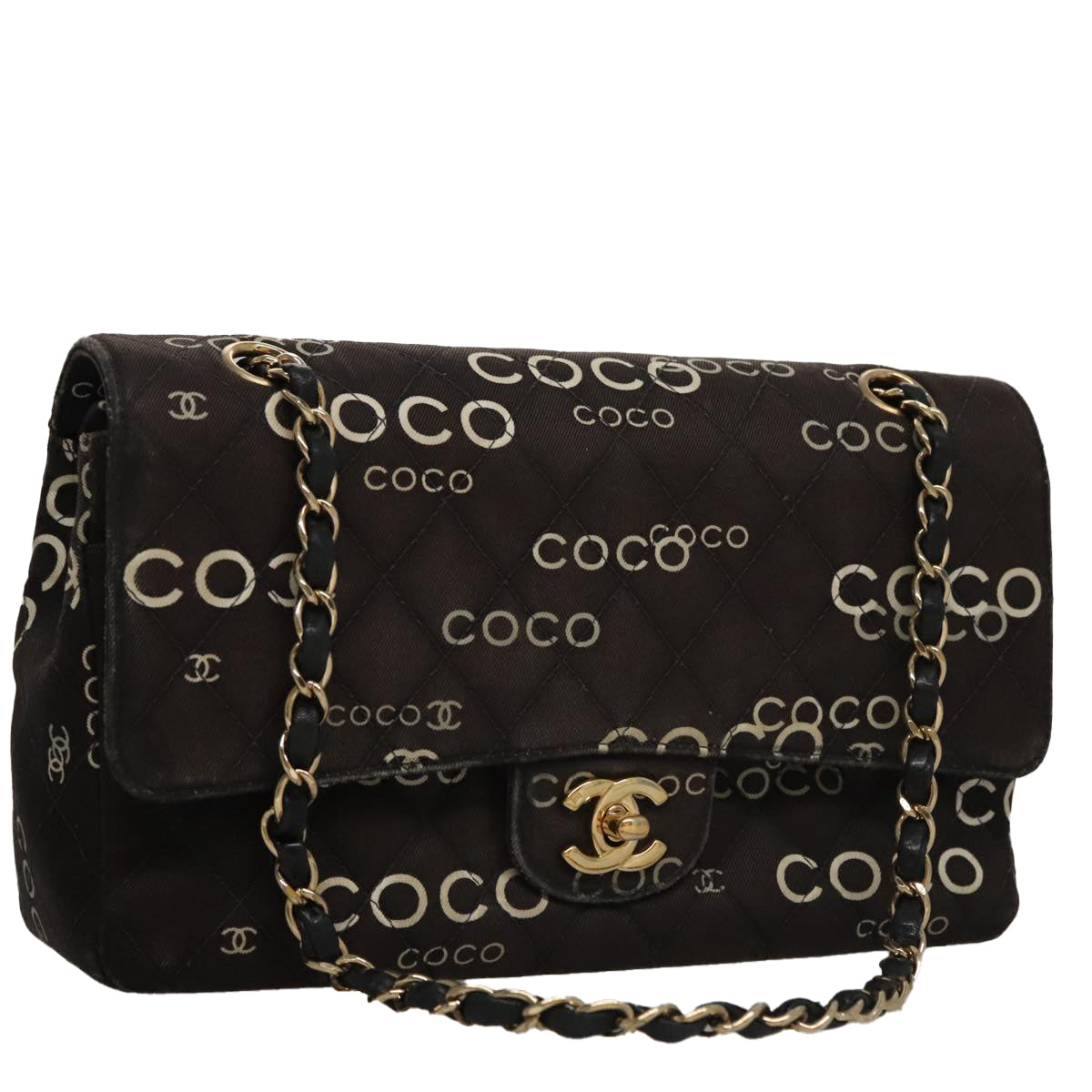 CHANEL Matelasse Chain Shoulder Bag Canvas Black Gold CC Auth 108396