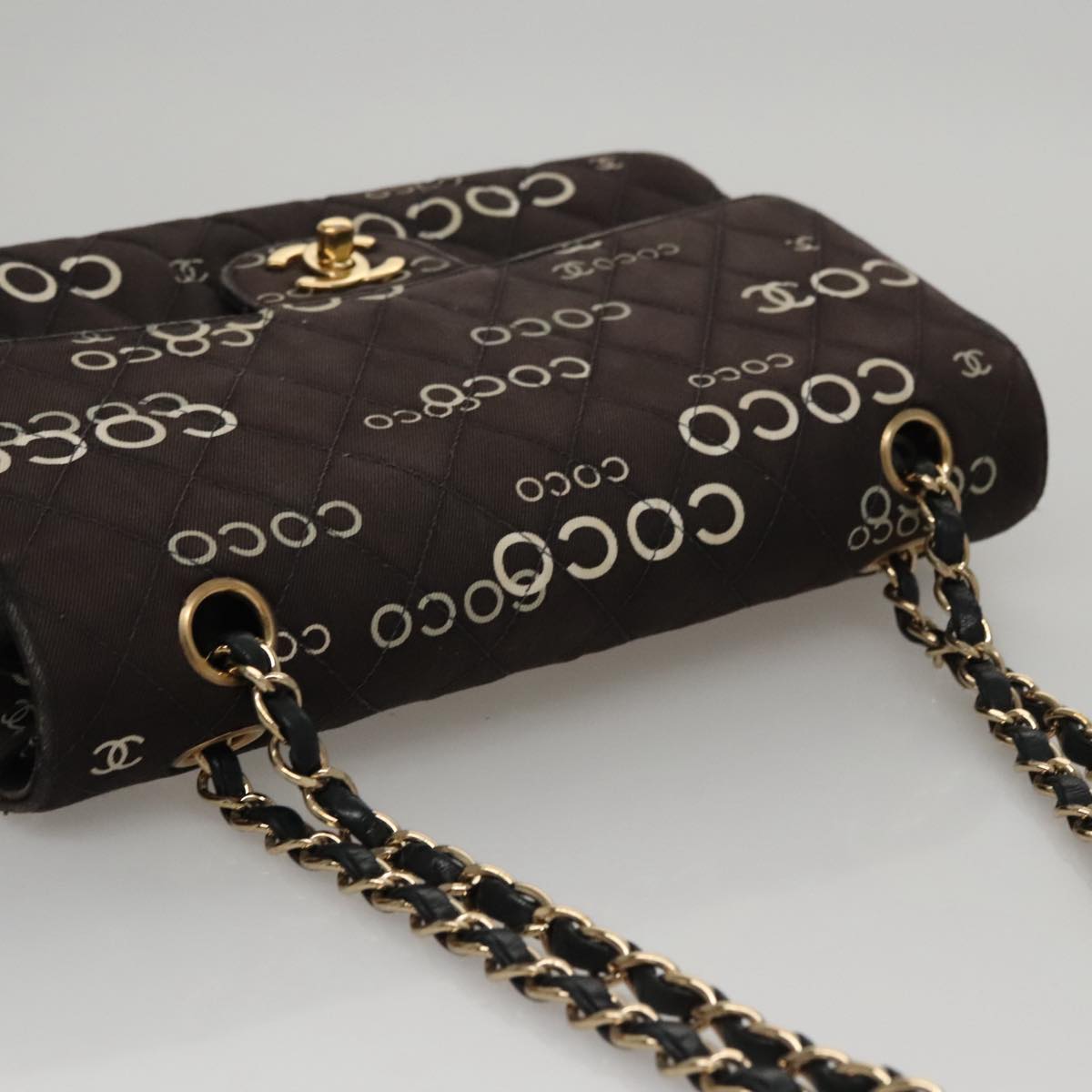 CHANEL Matelasse Chain Shoulder Bag Canvas Black Gold CC Auth 108396