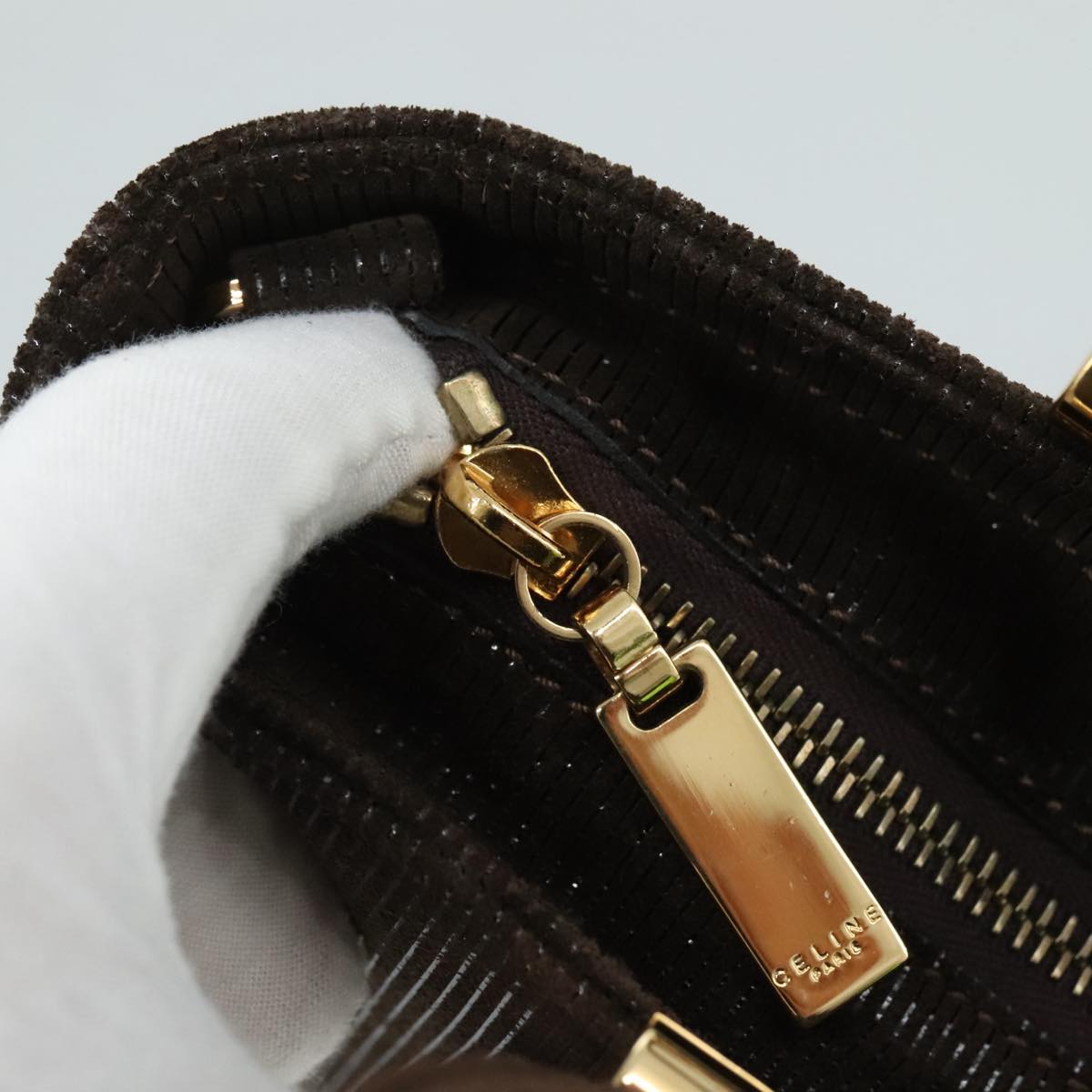 CELINE Hand Bag Suede 2way Brown Gold Auth 108505