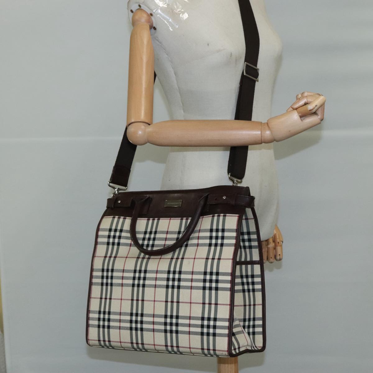 BURBERRY Nova Check Hand Bag Canvas 2way Beige Auth 108520