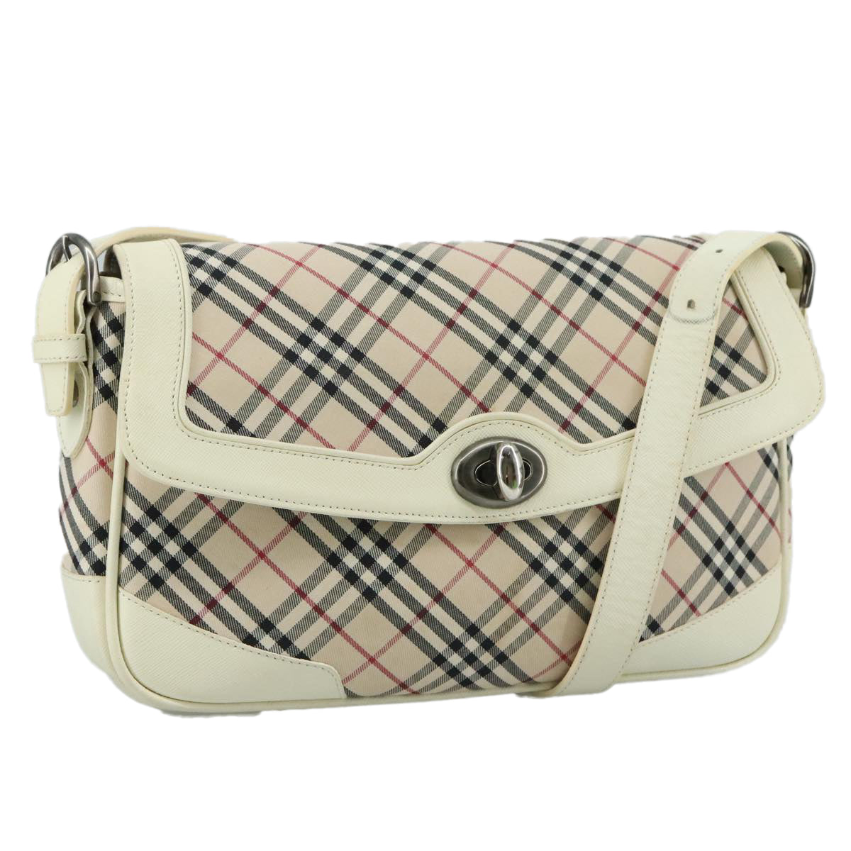 BURBERRY Nova Check Shoulder Bag Canvas Leather Beige White Silver Auth 108570