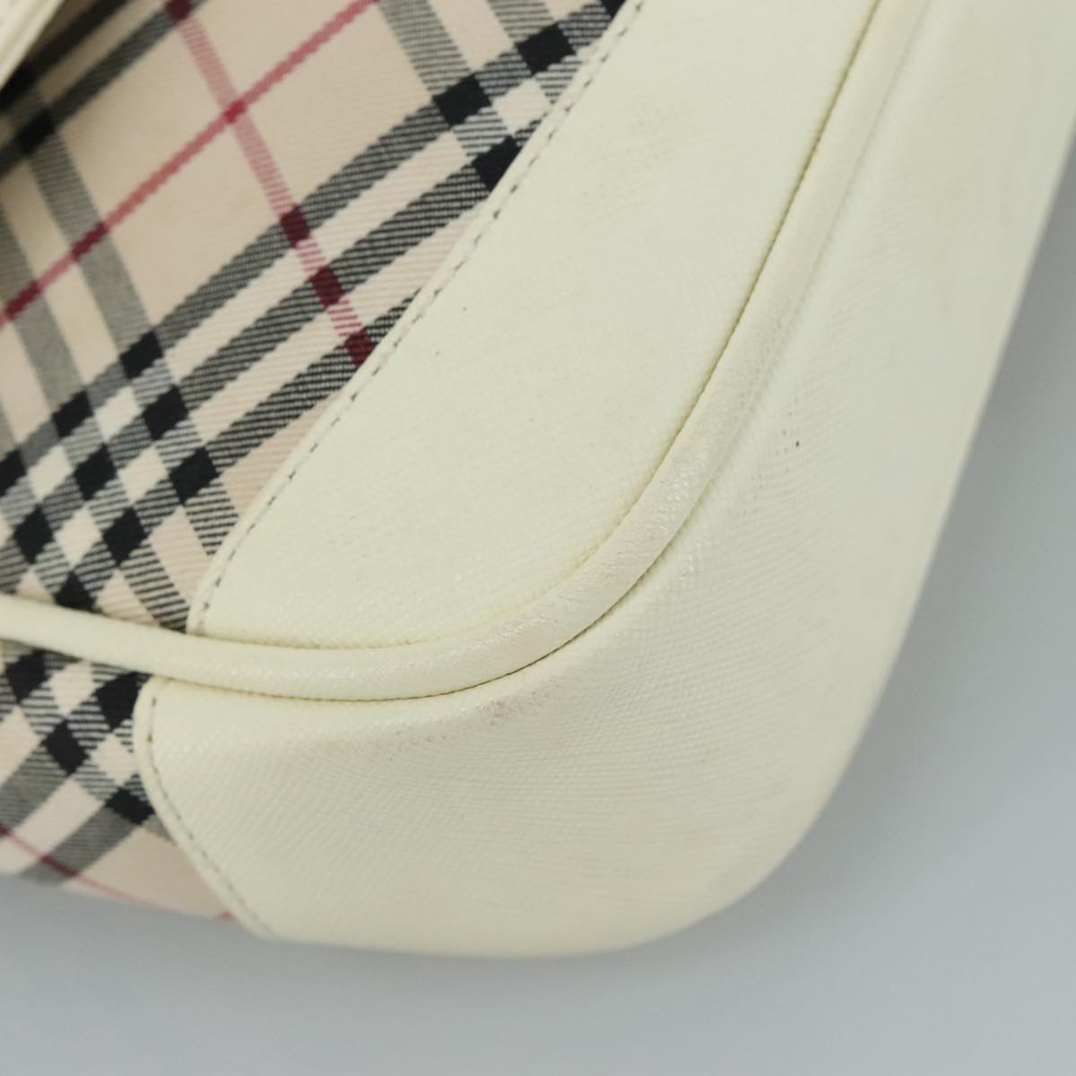 BURBERRY Nova Check Shoulder Bag Canvas Leather Beige White Silver Auth 108570