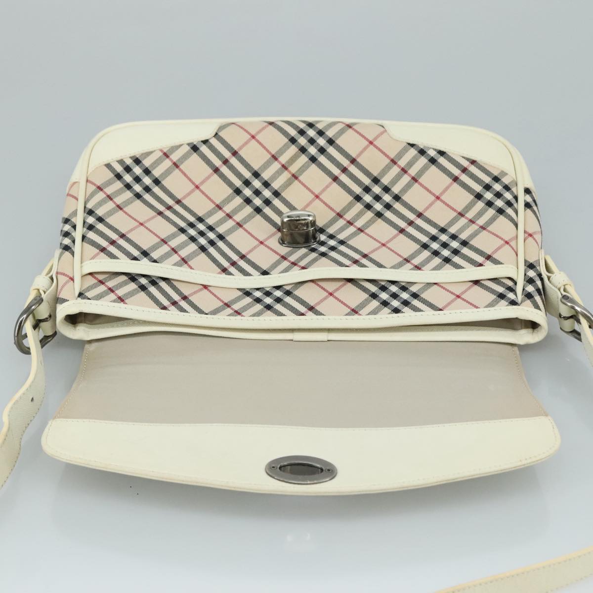 BURBERRY Nova Check Shoulder Bag Canvas Leather Beige White Silver Auth 108570