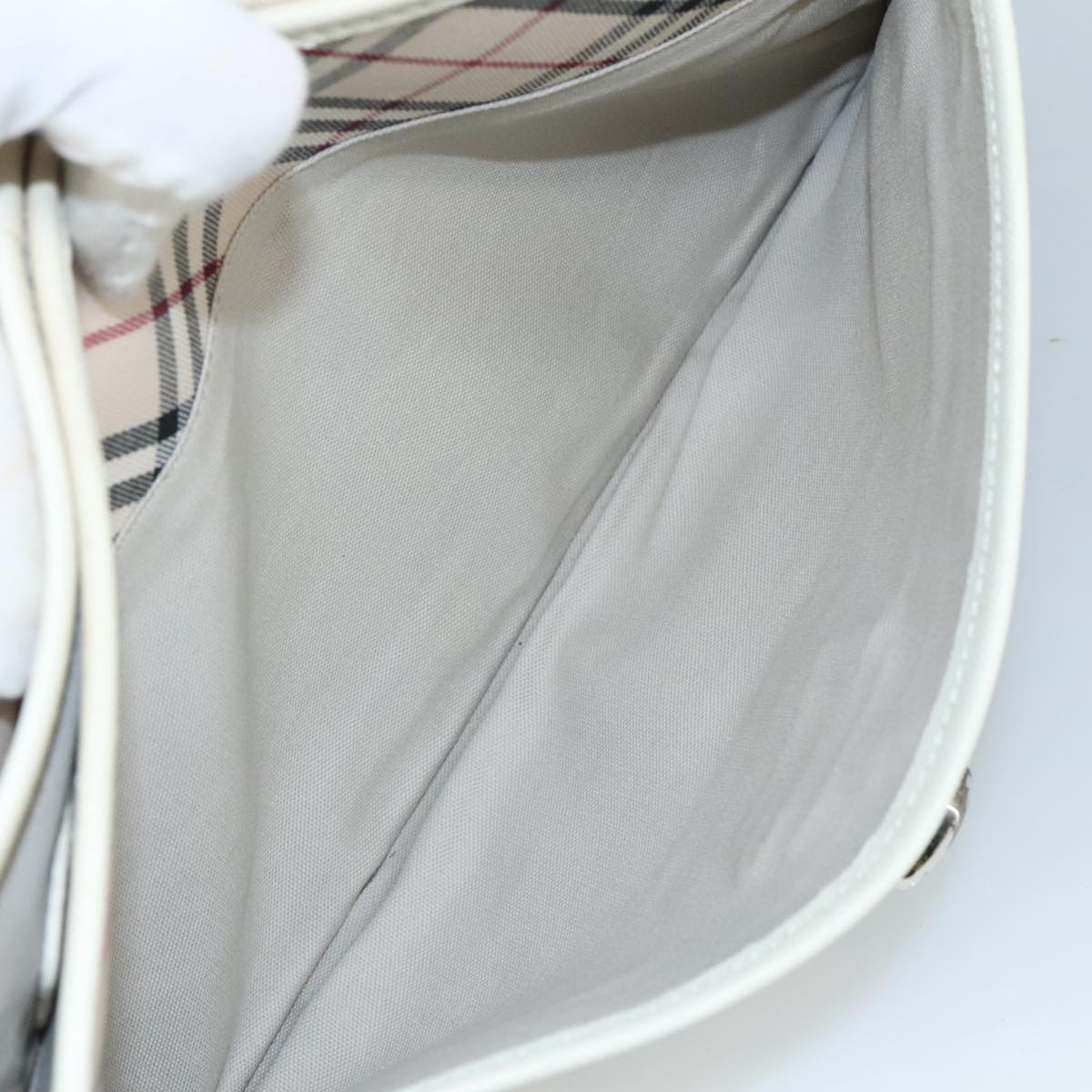 BURBERRY Nova Check Shoulder Bag Canvas Leather Beige White Silver Auth 108570