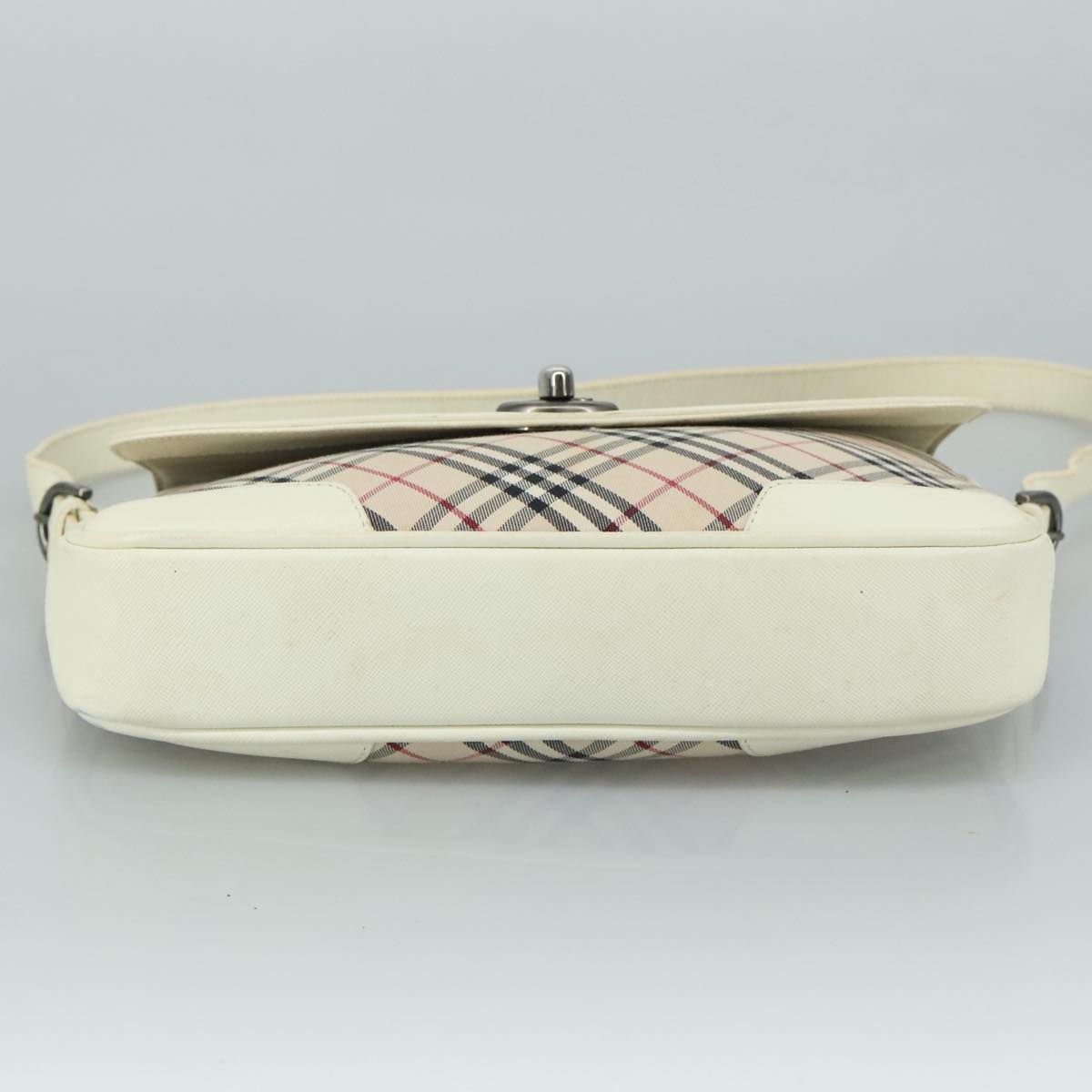 BURBERRY Nova Check Shoulder Bag Canvas Leather Beige White Silver Auth 108570