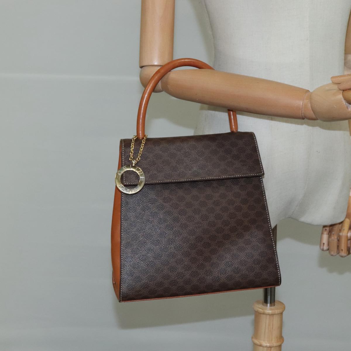 CELINE Macadam Canvas Hand Bag PVC Leather Brown Auth 108632