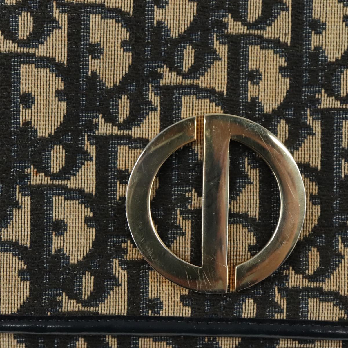 Christian Dior Trotter Canvas Shoulder Bag Navy Gold Auth 108685