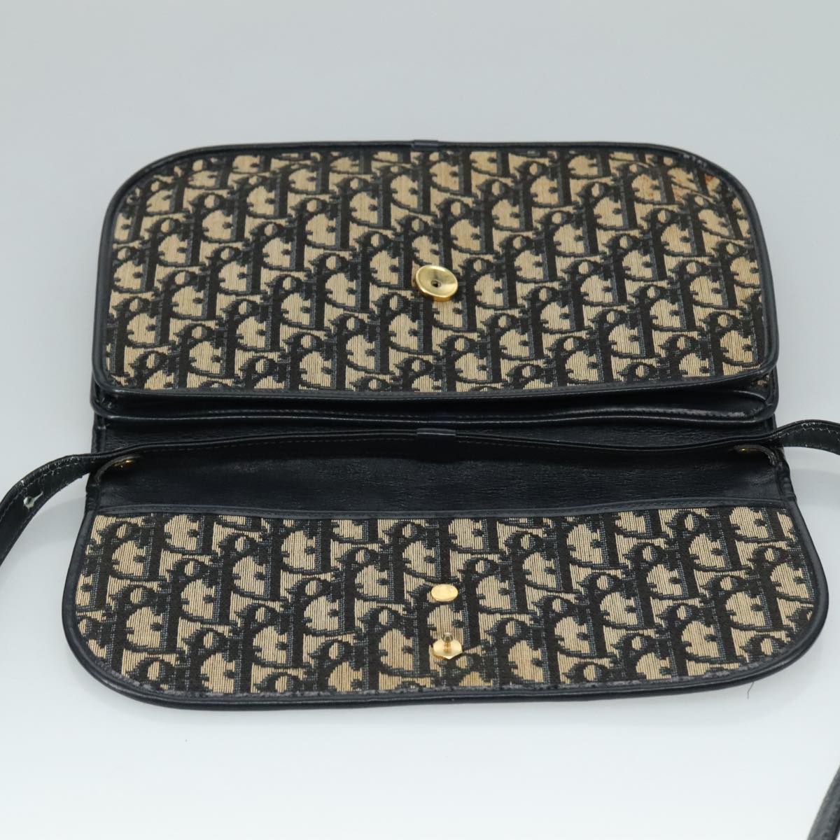 Christian Dior Trotter Canvas Shoulder Bag Navy Gold Auth 108685