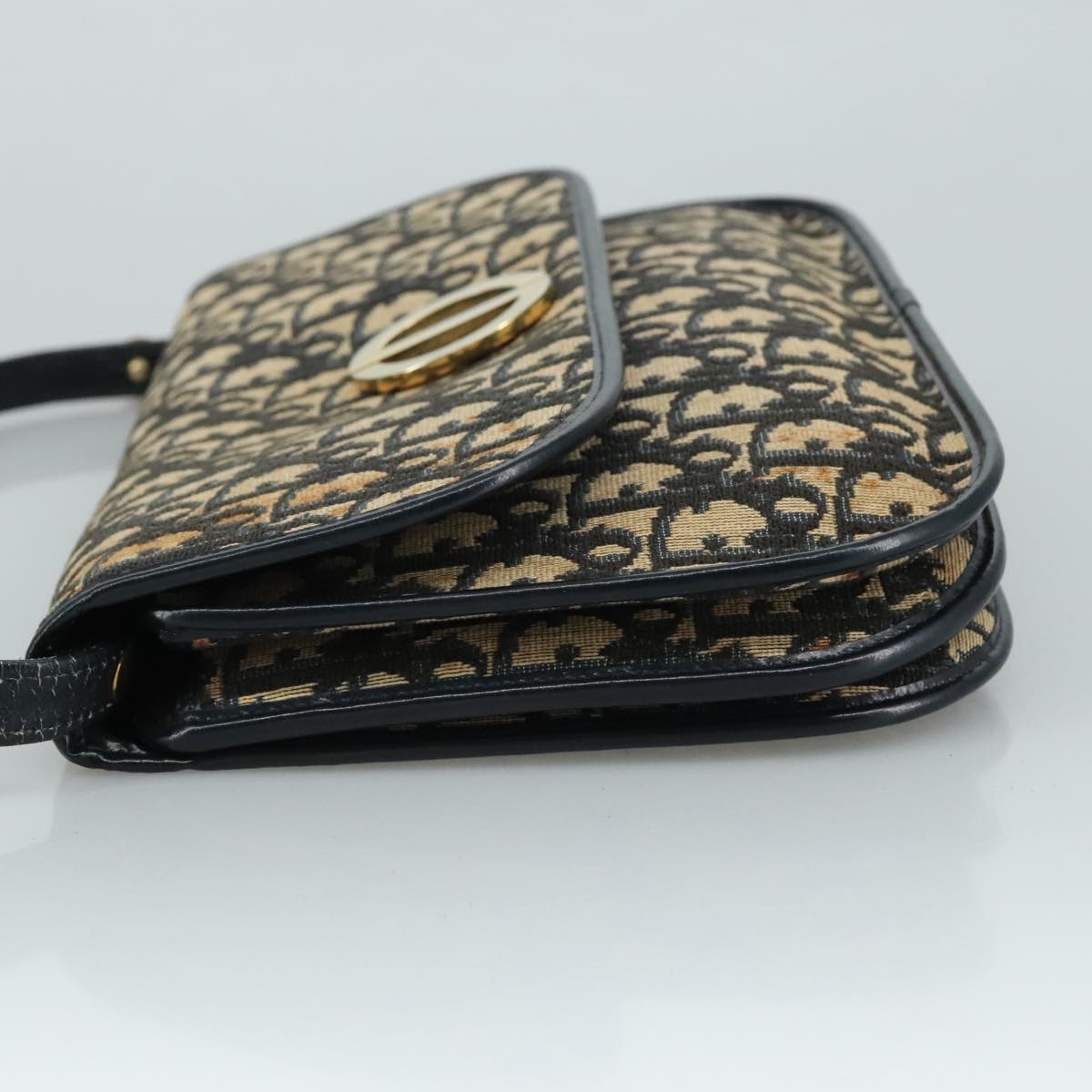 Christian Dior Trotter Canvas Shoulder Bag Navy Gold Auth 108685