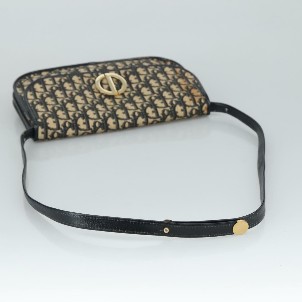 Christian Dior Trotter Canvas Shoulder Bag Navy Gold Auth 108685