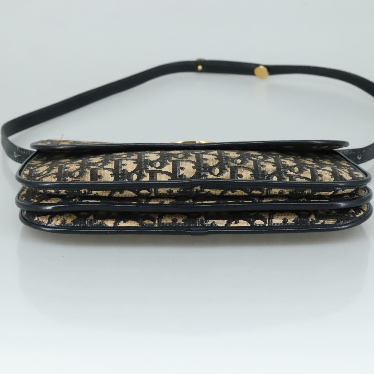 Christian Dior Trotter Canvas Shoulder Bag Navy Gold Auth 108685