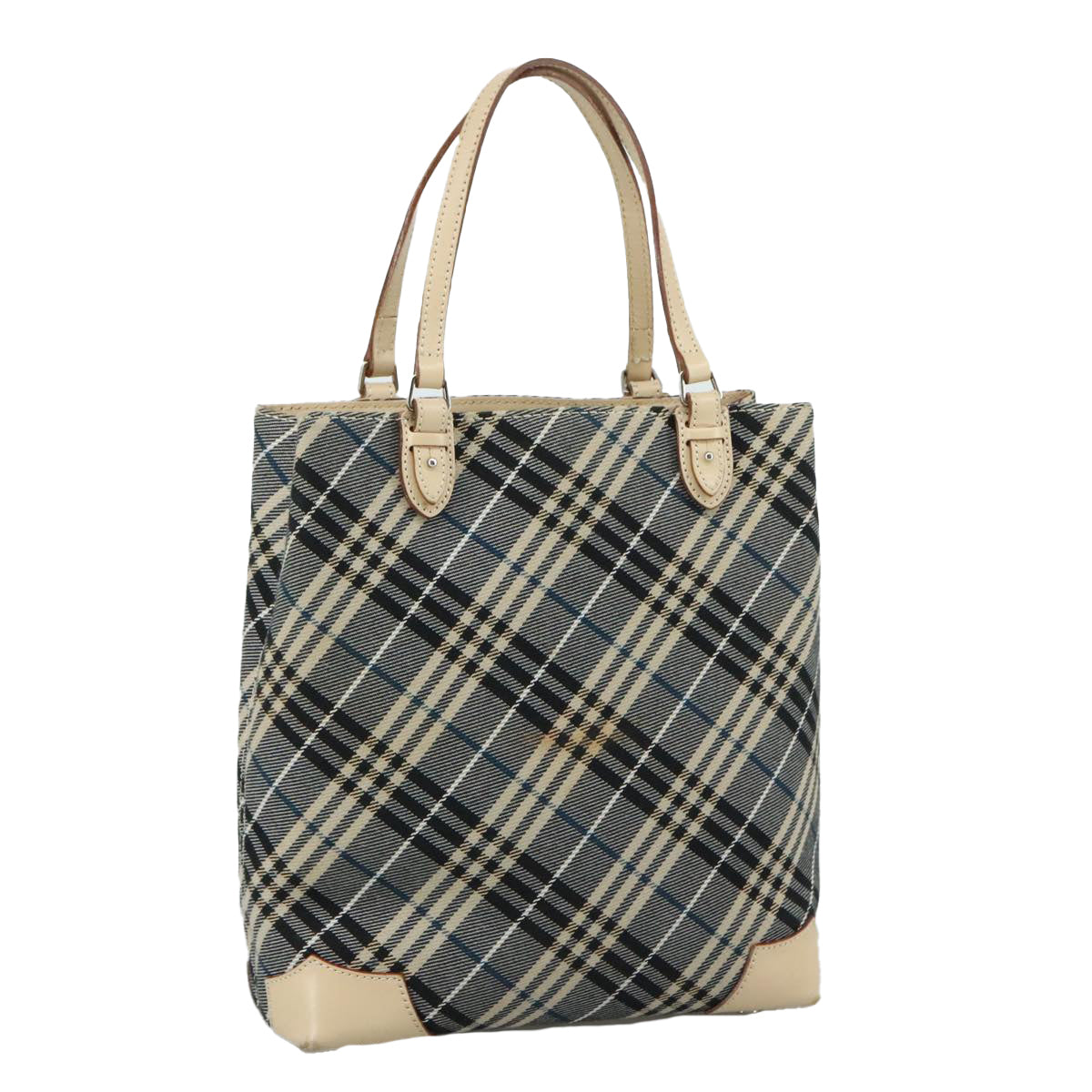 BURBERRY Nova Check Blue Label Tote Bag Canvas Navy Beige Silver Auth 108831