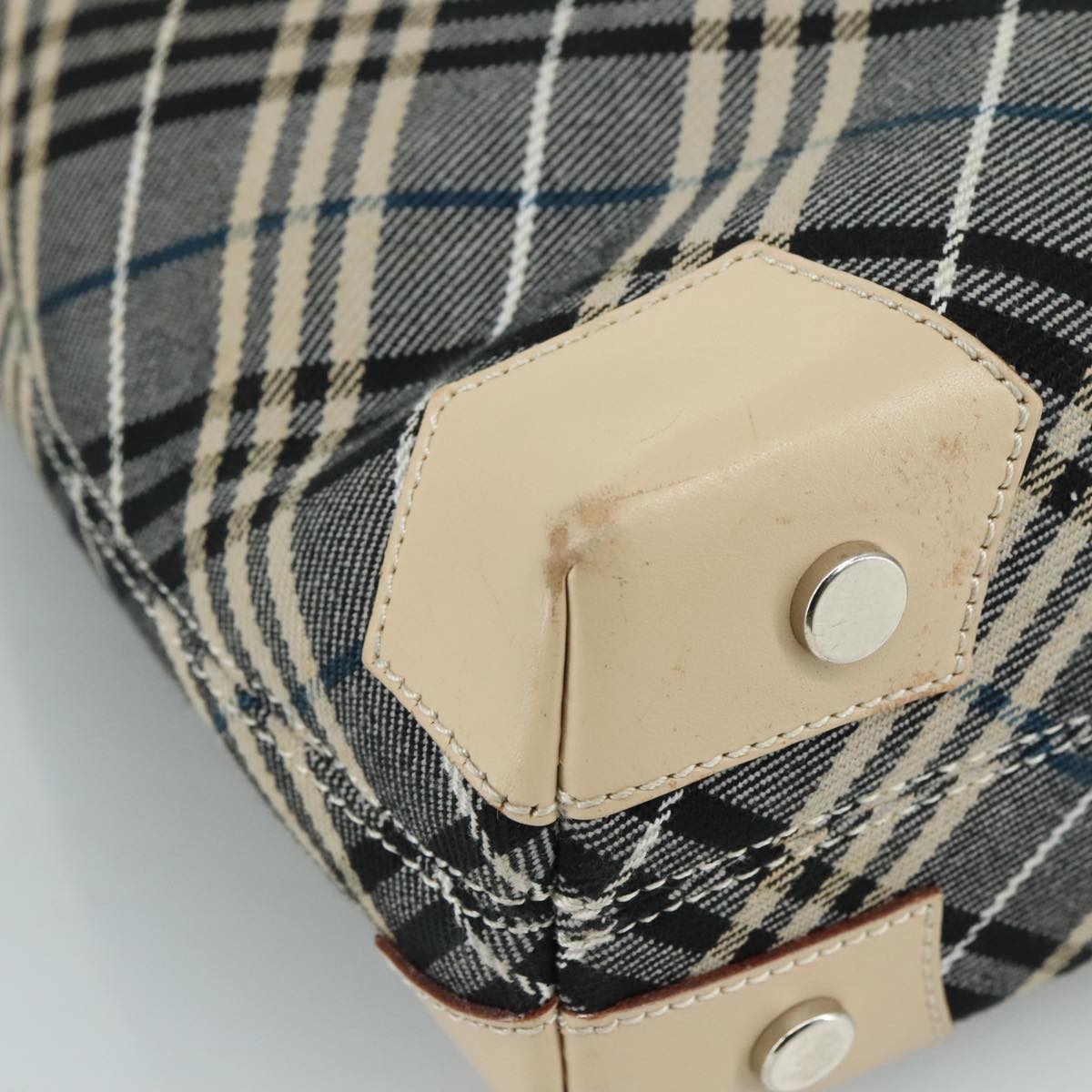 BURBERRY Nova Check Blue Label Tote Bag Canvas Navy Beige Silver Auth 108831