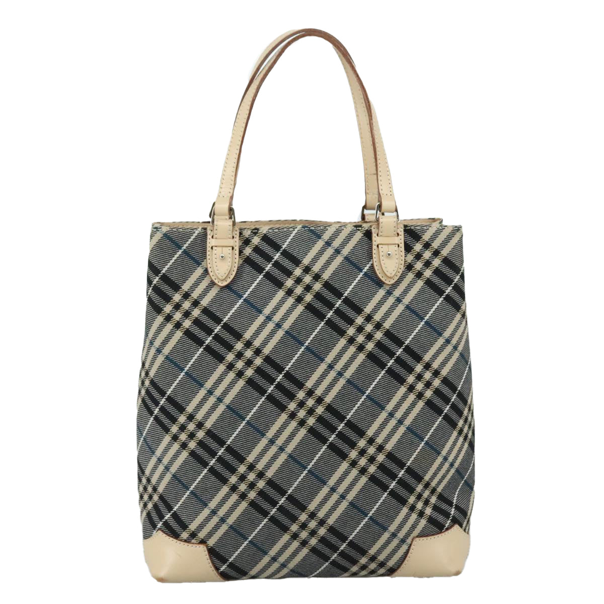 BURBERRY Nova Check Blue Label Tote Bag Canvas Navy Beige Silver Auth 108831