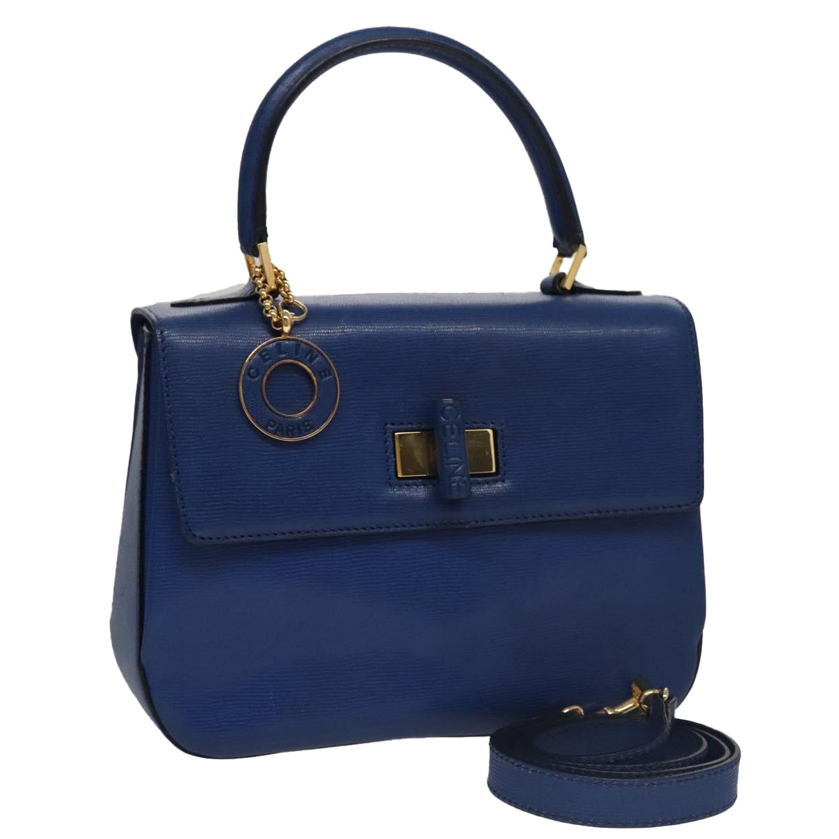 CELINE Hand Bag Leather 2way Blue Gold Auth 108868V