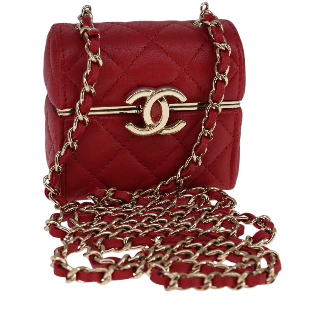 CHANEL Small Box Matelasse Chain Pouch Lamb Skin Red CC Auth 108916AV