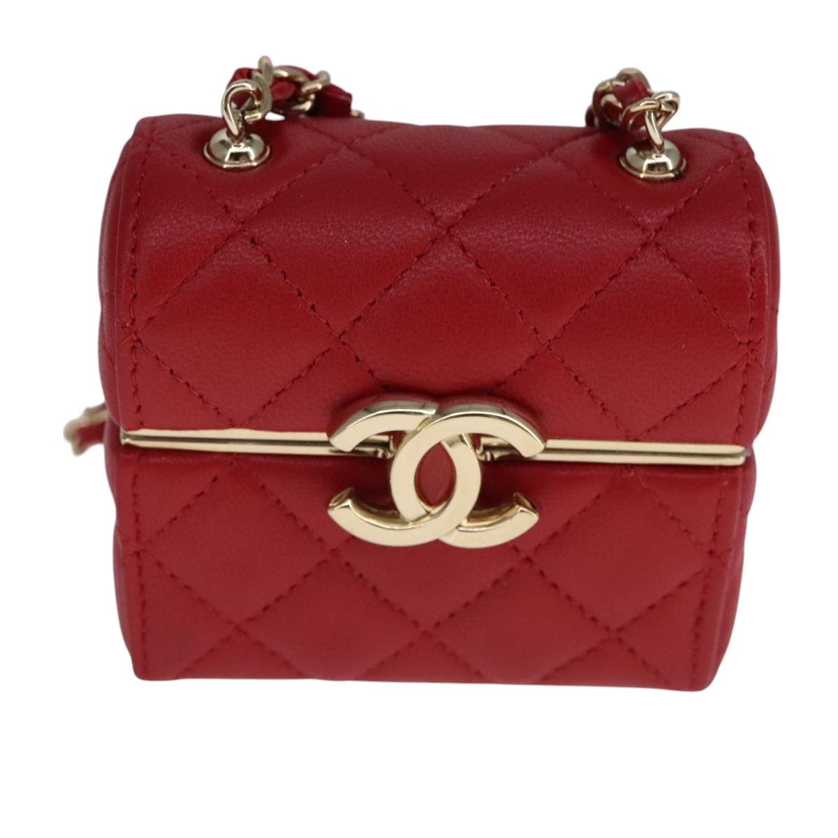 CHANEL Small Box Matelasse Chain Pouch Lamb Skin Red CC Auth 108916AV
