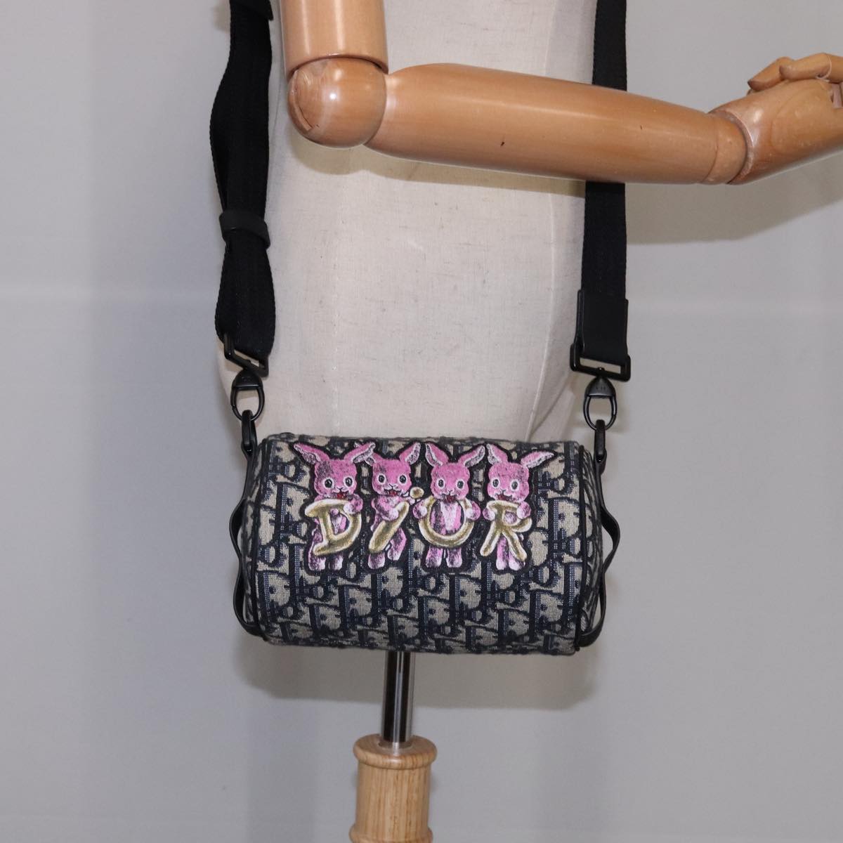 Christian Dior Trotter Canvas Oblique Rabbit Shoulder Bag Navy Auth 108919A