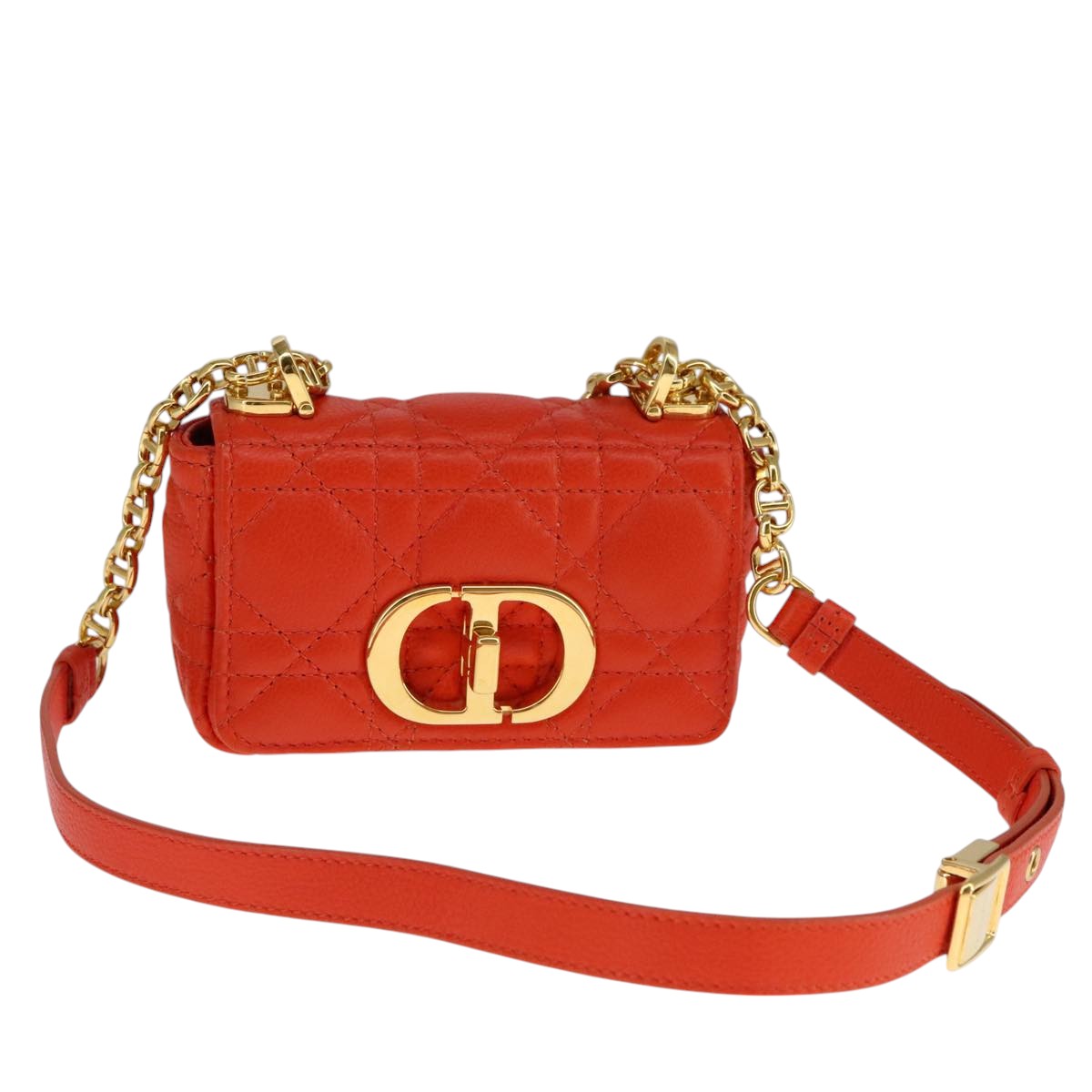 Christian Dior Caro Micro Chain Canage Shoulder Bag Leather Orange Auth 108920AM