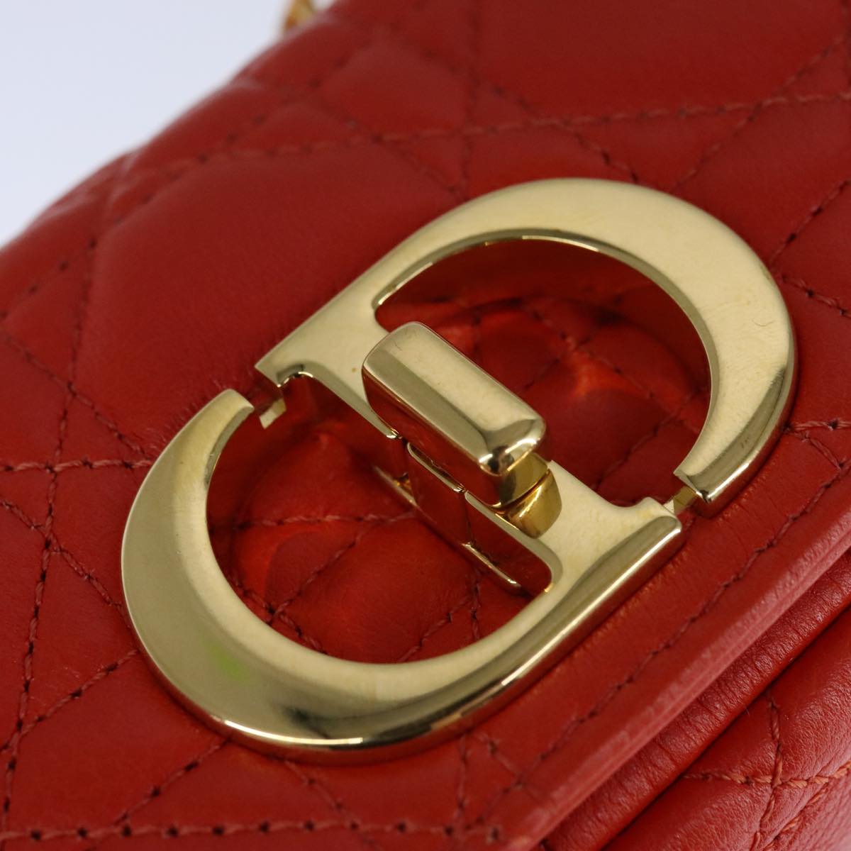 Christian Dior Caro Micro Chain Canage Shoulder Bag Leather Orange Auth 108920SAM