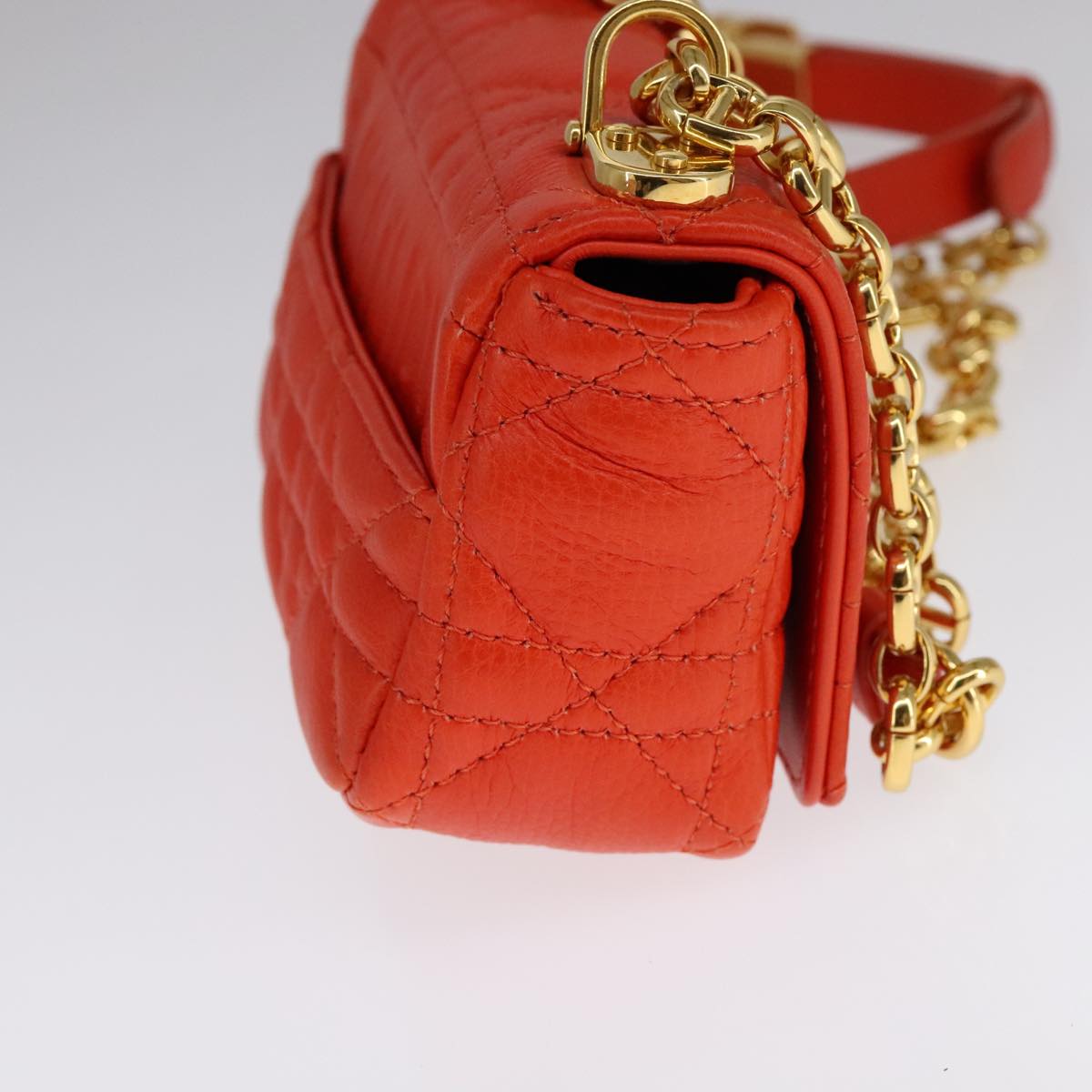 Christian Dior Caro Micro Chain Canage Shoulder Bag Leather Orange Auth 108920AM