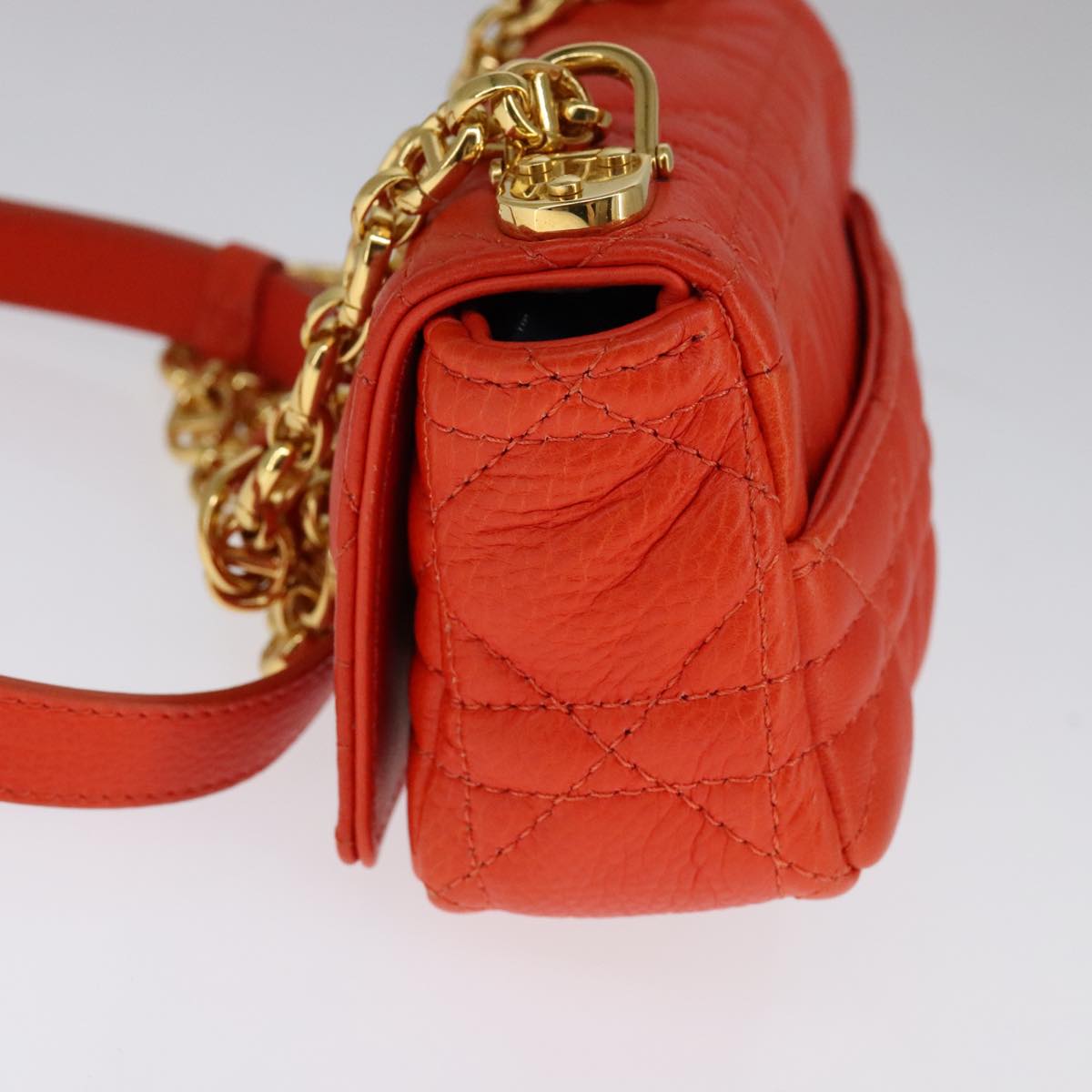 Christian Dior Caro Micro Chain Canage Shoulder Bag Leather Orange Auth 108920AM