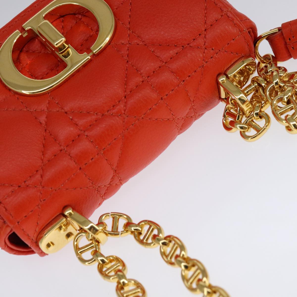 Christian Dior Caro Micro Chain Canage Shoulder Bag Leather Orange Auth 108920AM