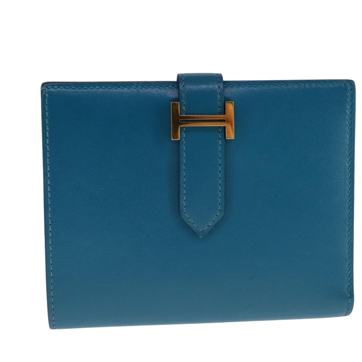 HERMES Bearn Compact Wallet Leather Blue Auth 108926