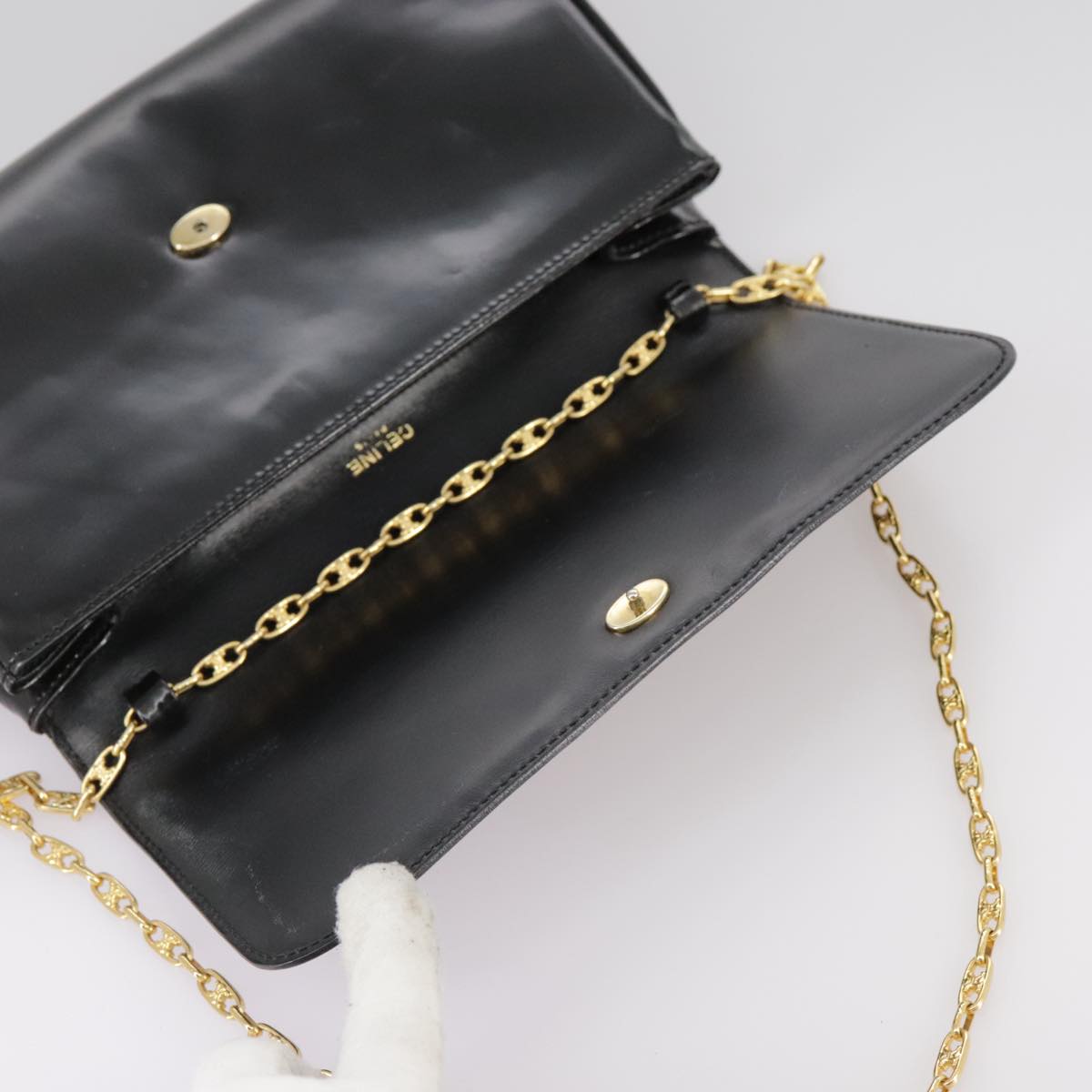 CELINE Chain Shoulder Bag Patent leather Black Auth 108958