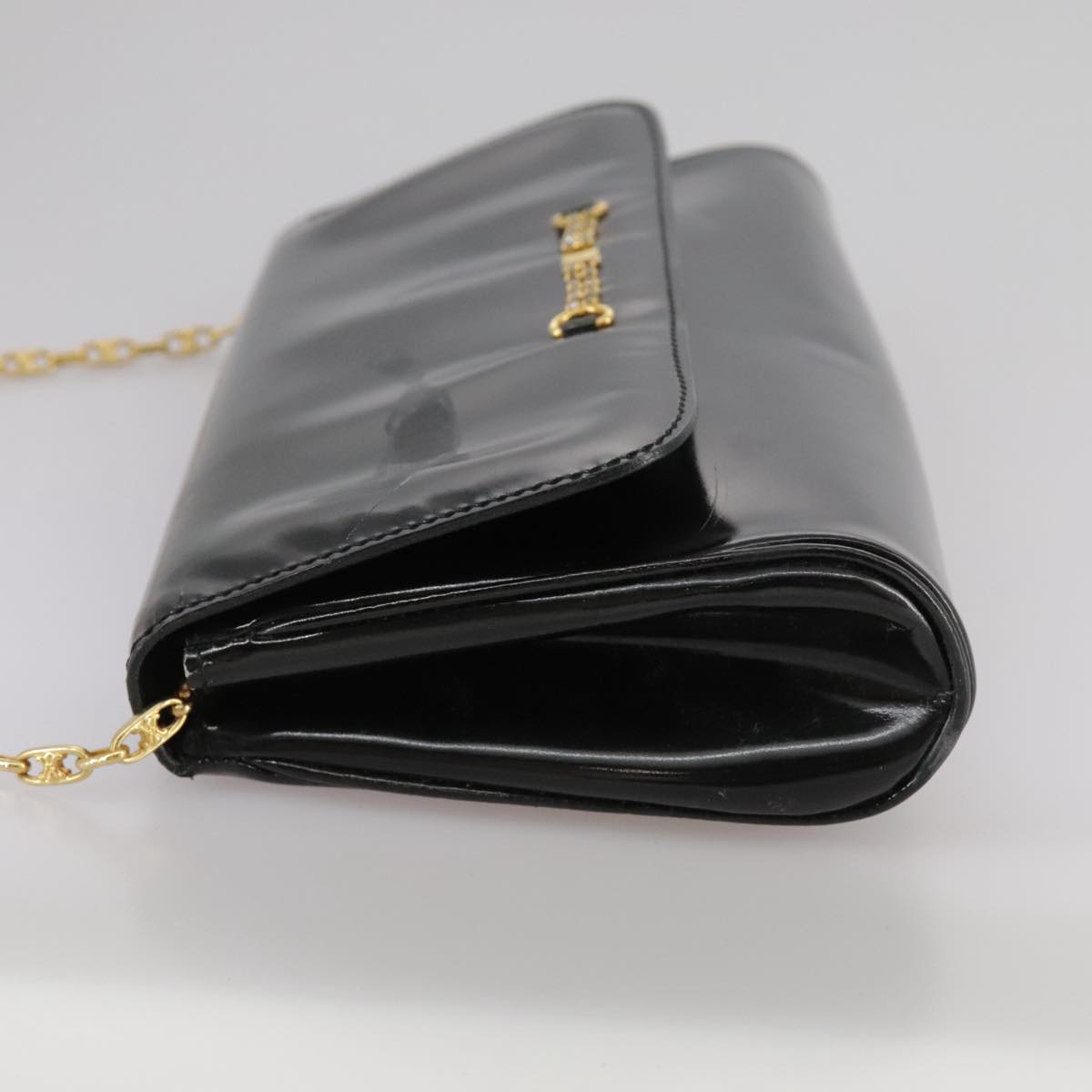 CELINE Chain Shoulder Bag Patent leather Black Auth 108958