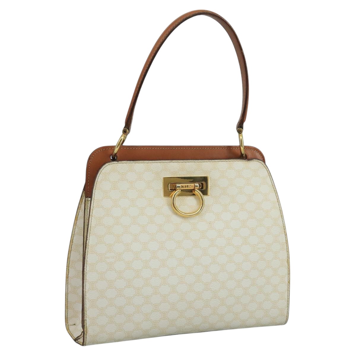 CELINE Macadam Canvas Hand Bag PVC Leather White Gold Auth 109369
