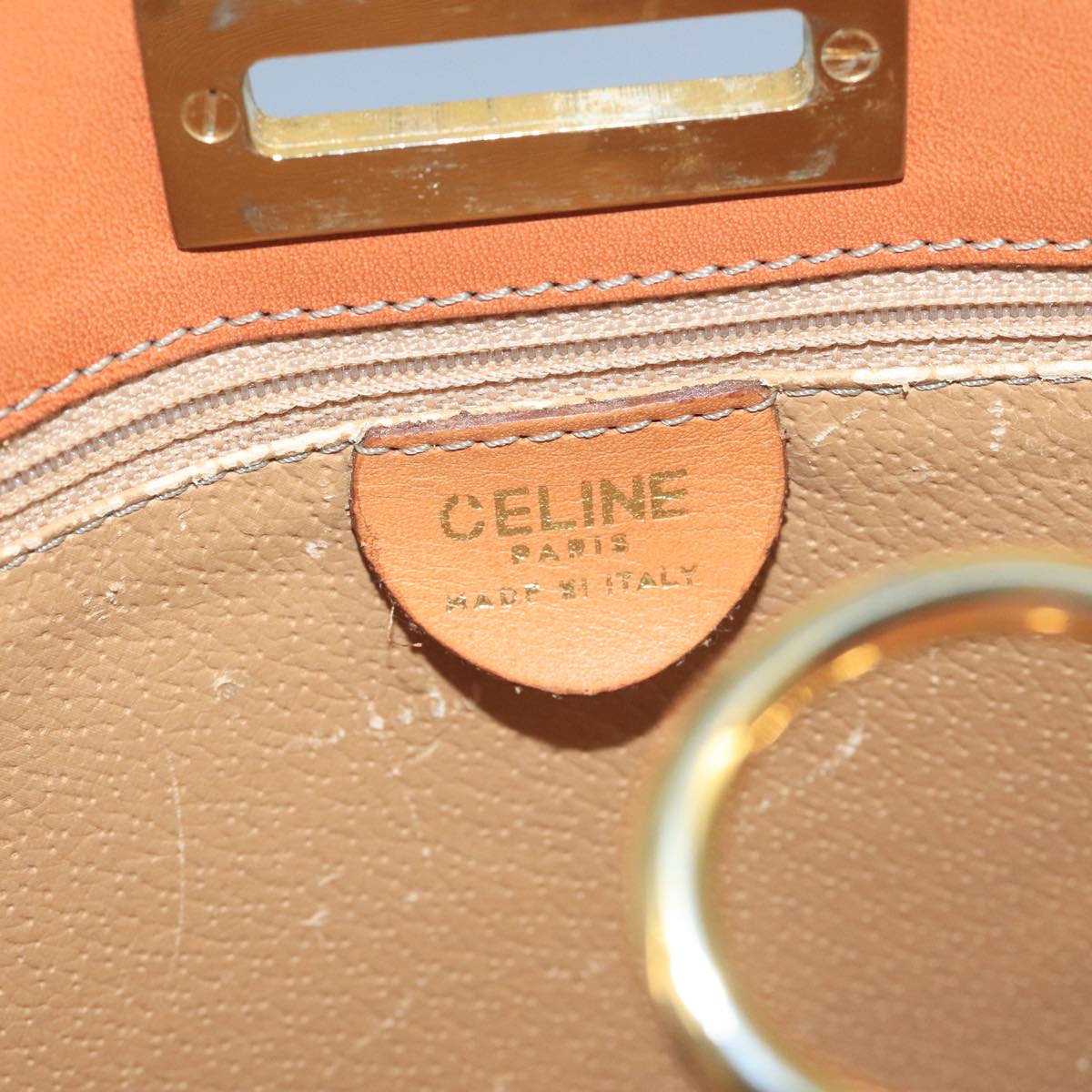 CELINE Macadam Canvas Hand Bag PVC Leather White Gold Auth 109369