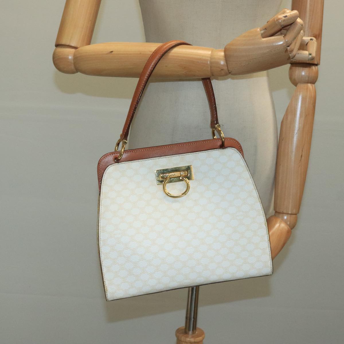 CELINE Macadam Canvas Hand Bag PVC Leather White Gold Auth 109369