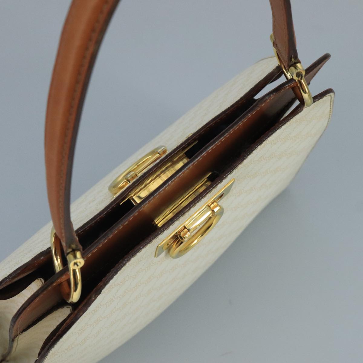 CELINE Macadam Canvas Hand Bag PVC Leather White Gold Auth 109369