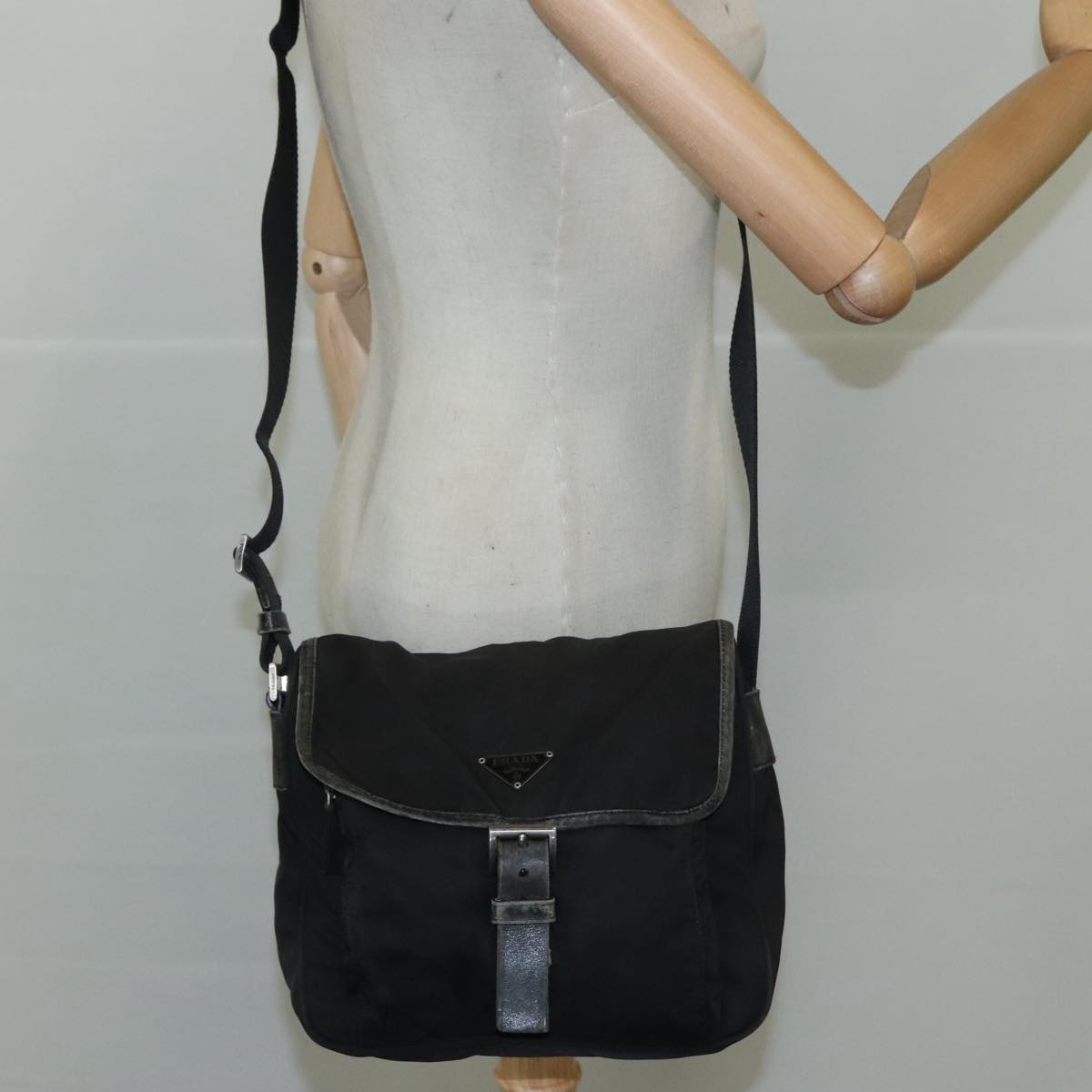PRADA Shoulder Bag Nylon Black Silver Auth 109422