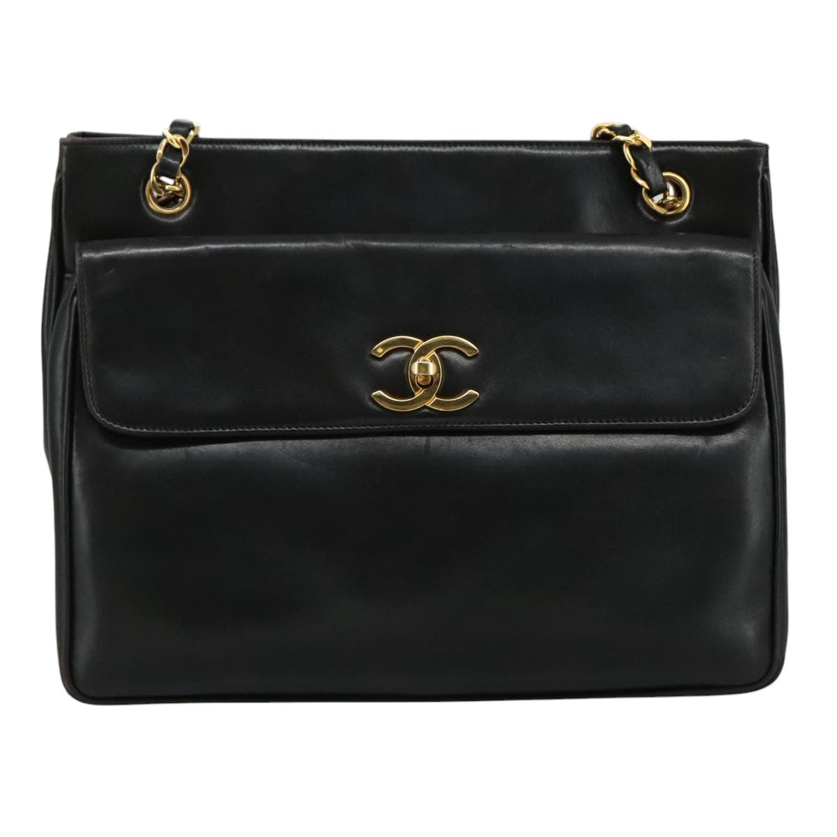 CHANEL COCO Mark Chain Shoulder Bag Lamb Skin Black Gold CC Auth 109490