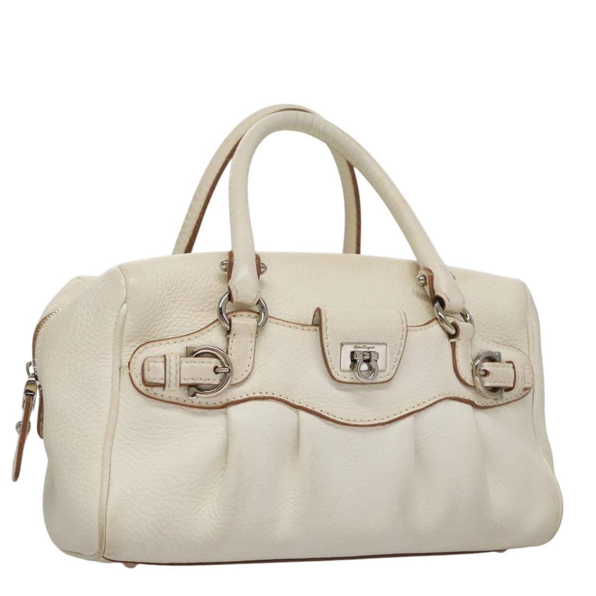 Salvatore Ferragamo Gancini Hand Bag Leather White Silver Auth 109712