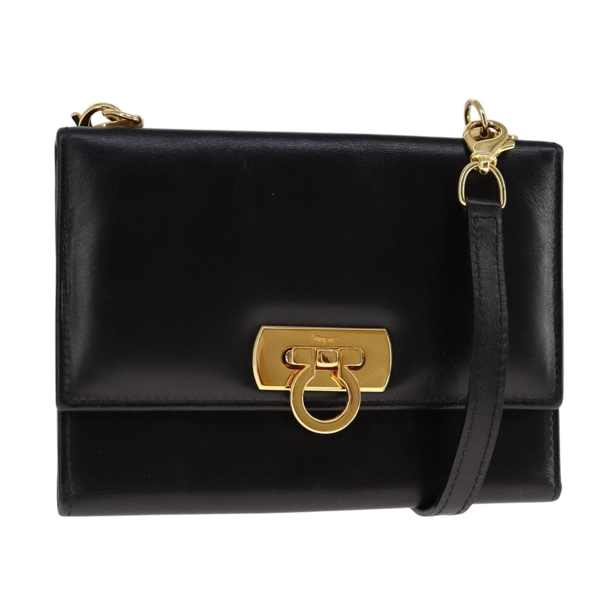 Salvatore Ferragamo Gancini Shoulder Wallet Leather Gold Black Auth 109714