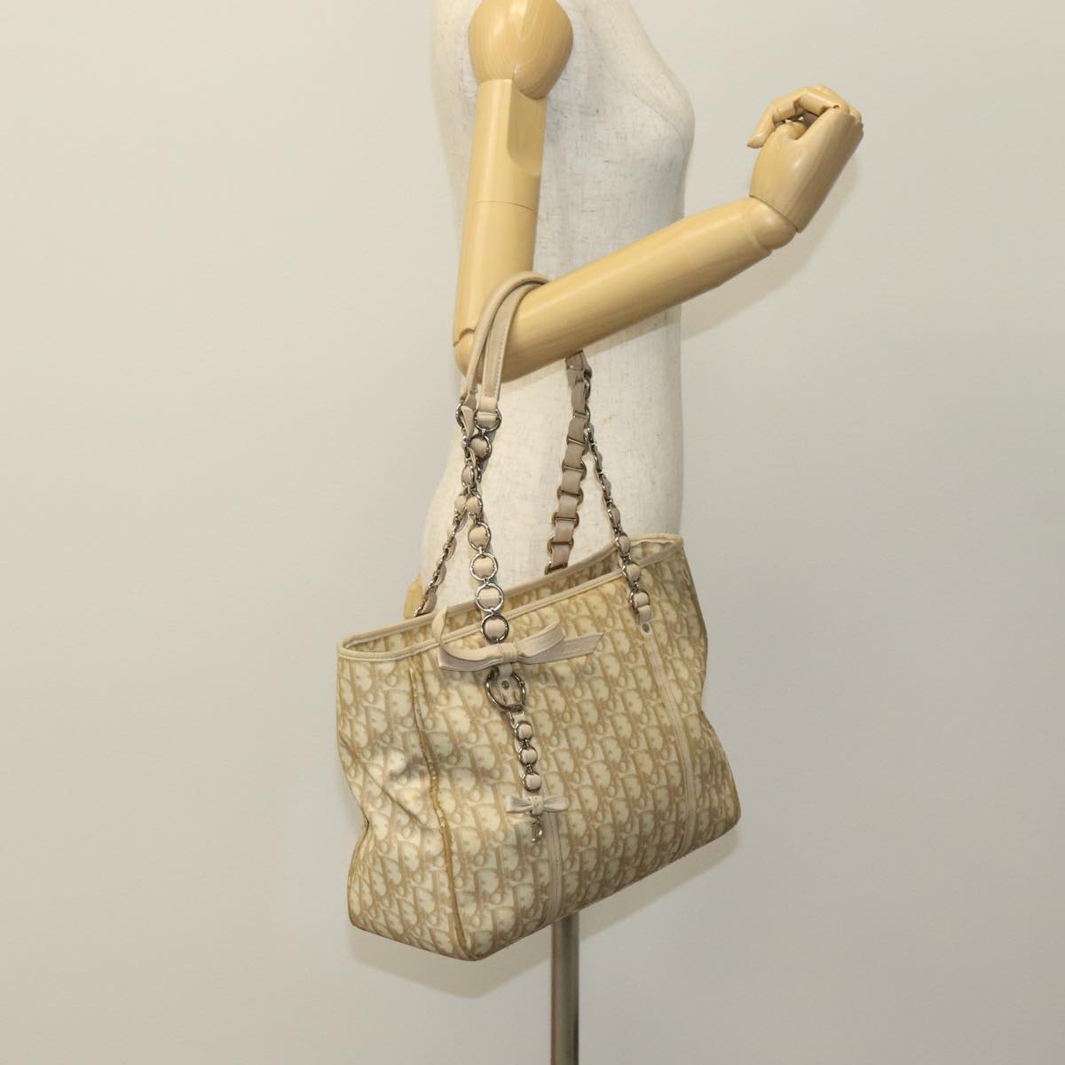 Christian Dior Trotter Canvas Trotter Romantic Bag PVC Beige Silver Auth 109778