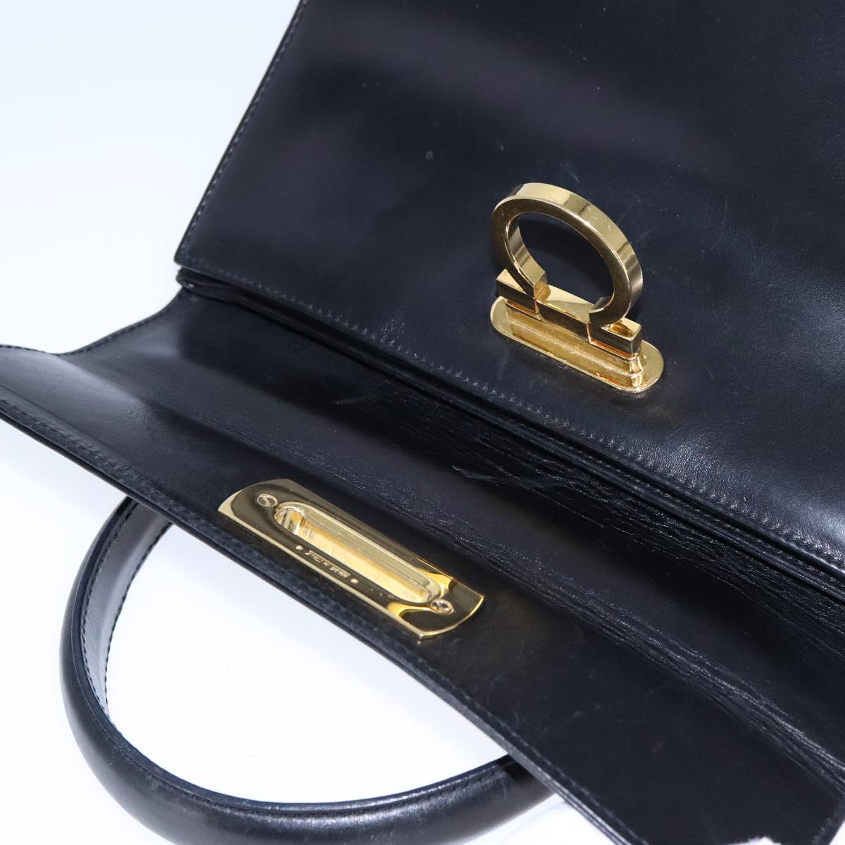 Salvatore Ferragamo Gancini Hand Bag Leather 2way Black Gold Auth 109838