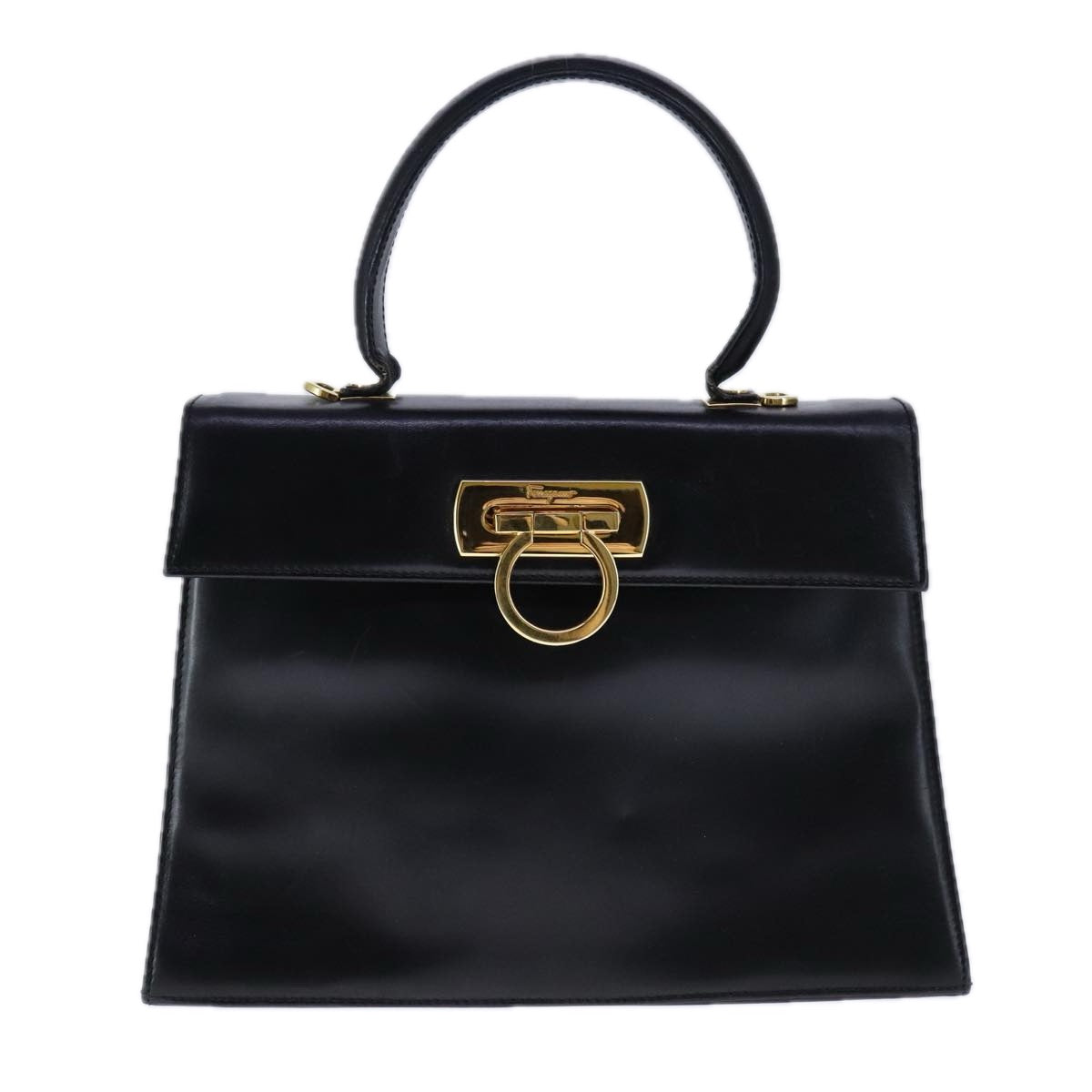 Salvatore Ferragamo Gancini Hand Bag Leather 2way Black Gold Auth 109838