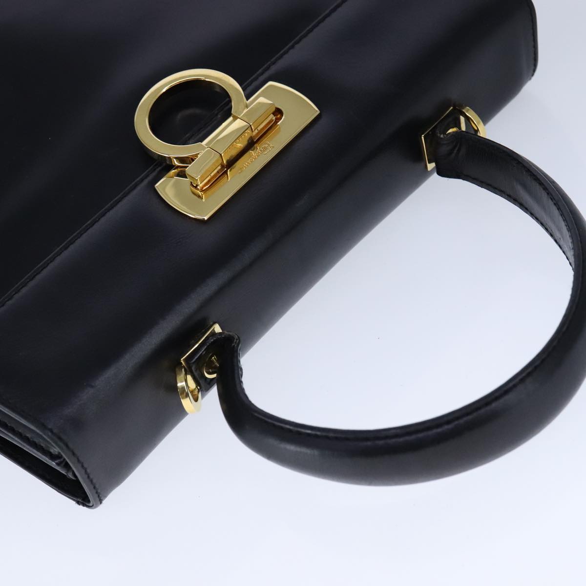 Salvatore Ferragamo Gancini Hand Bag Leather 2way Black Gold Auth 109838