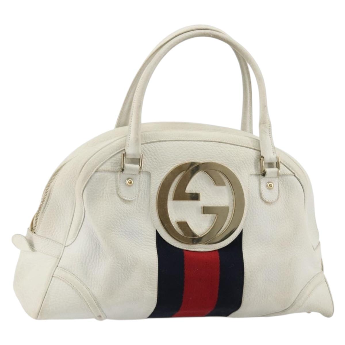 GUCCI Sherry Line Hand Bag Leather White Red Navy Auth 109855