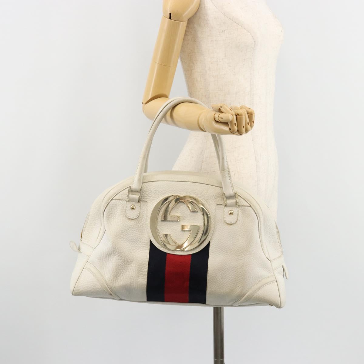 GUCCI Sherry Line Hand Bag Leather White Red Navy Auth 109855