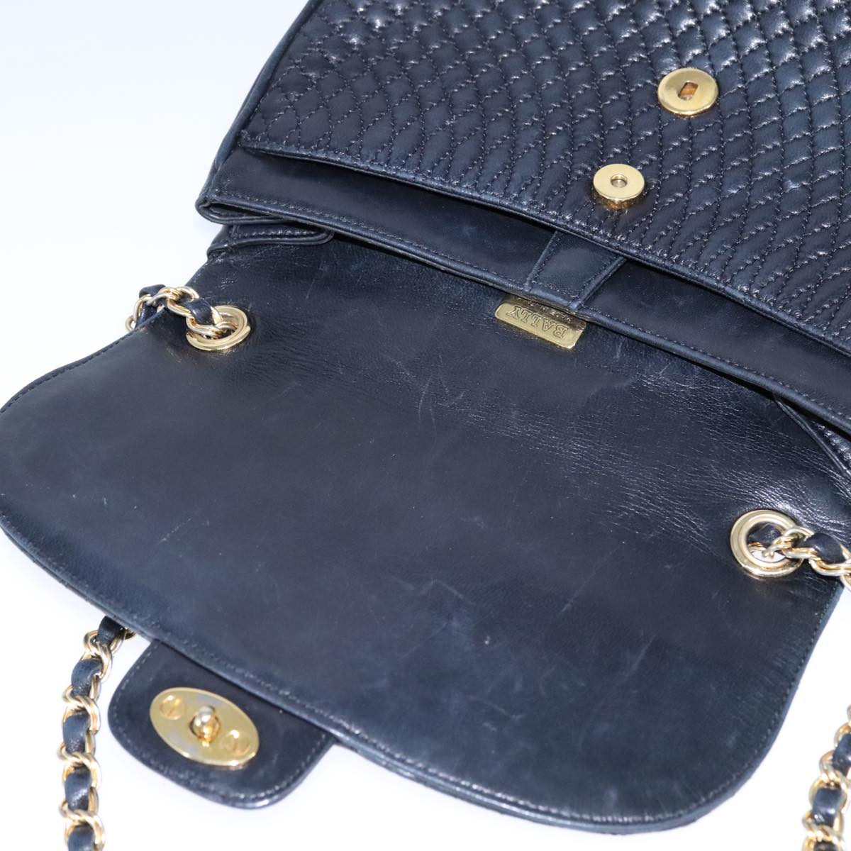 BALLY Chain Shoulder Bag Leather Black Gold Auth 109900