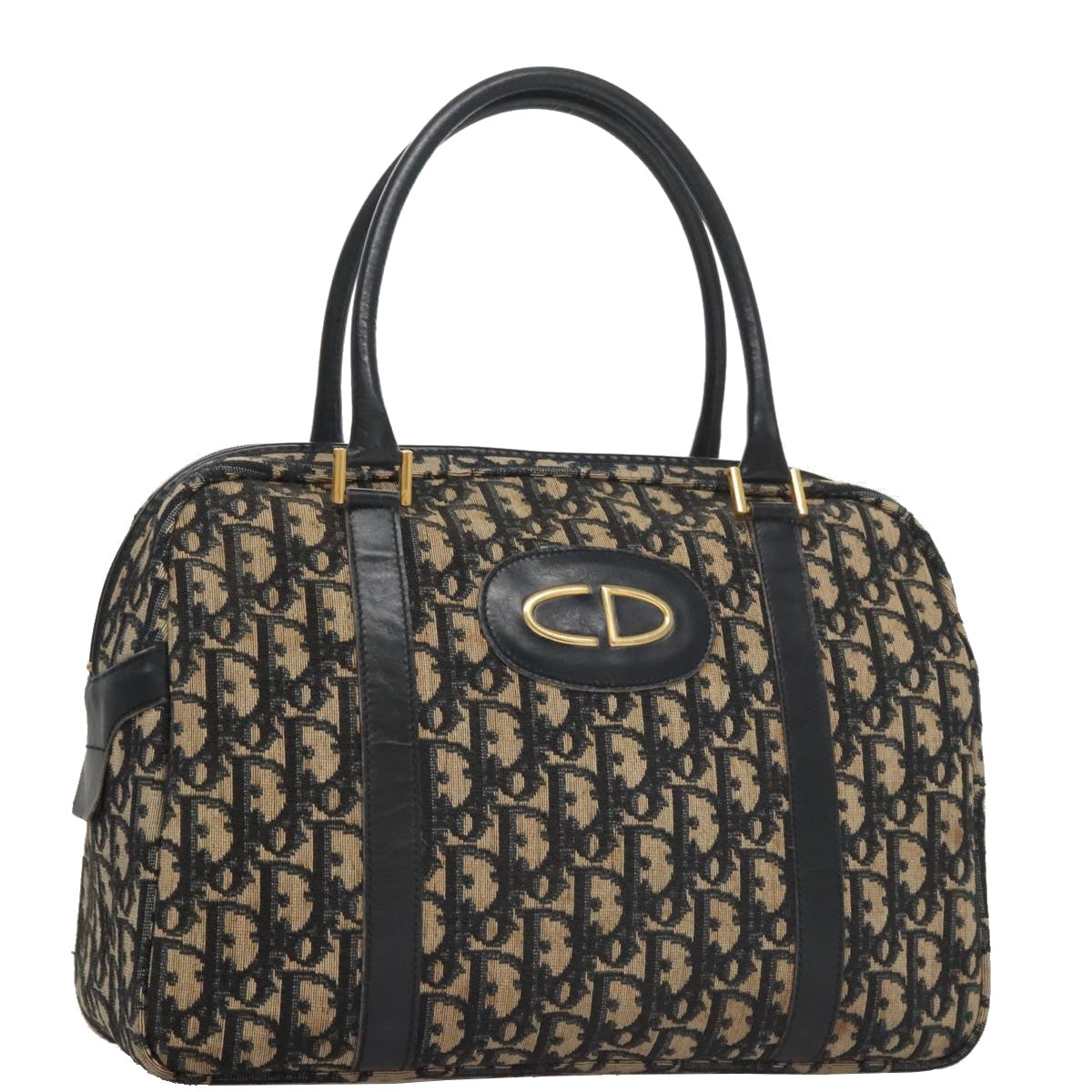 Christian Dior Trotter Canvas Hand Bag Navy Gold Auth 109925