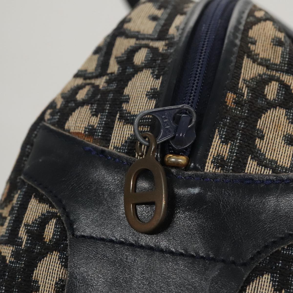 Christian Dior Trotter Canvas Hand Bag Navy Gold Auth 109925