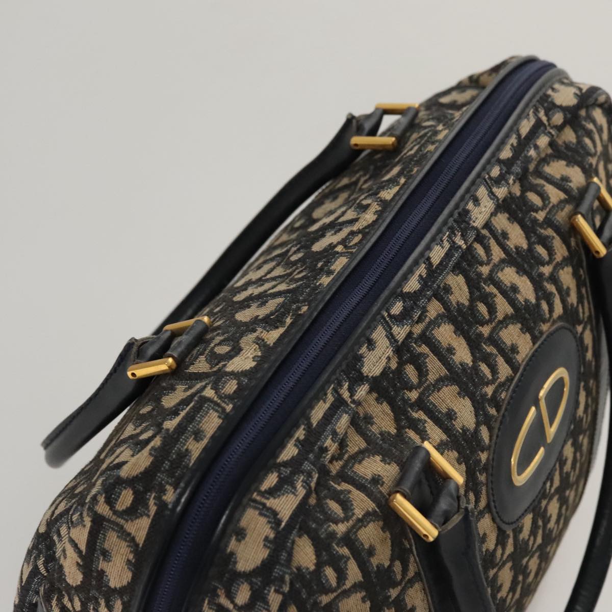 Christian Dior Trotter Canvas Hand Bag Navy Gold Auth 109925