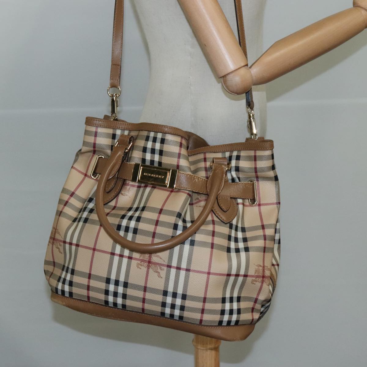 BURBERRY Nova Check Tote Bag PVC Leather 2way Beige Auth 109937